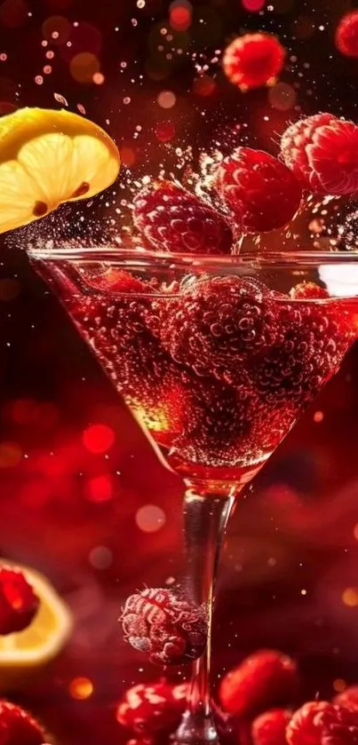 Raspberry splash cocktail with lemon wedge in vibrant red tones.