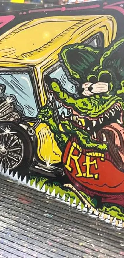 Rat Fink inspired wallpaper with colorful car art and dynamic design.