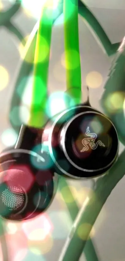 Vibrant Razer earbuds against colorful bokeh lights.