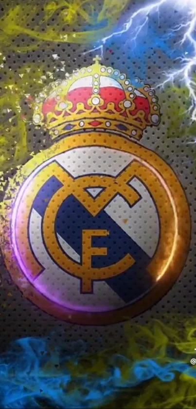 Real Madrid emblem with vibrant lightning effects and a dynamic gold crest.