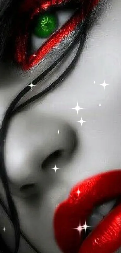 Artistic portrait with vibrant red lips and green eye on a mobile wallpaper.