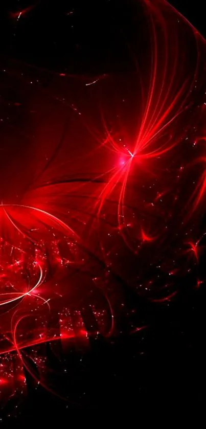 Dynamic red abstract wallpaper with vibrant light patterns.