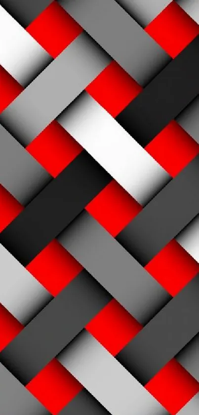 Red, black, and gray woven geometric abstract wallpaper.