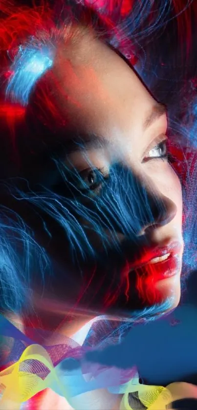 Abstract wallpaper with red and blue swirling lights over a dark background.