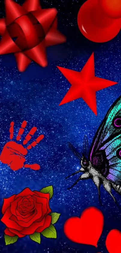 Red and blue wallpaper with stars, flowers, and a butterfly.