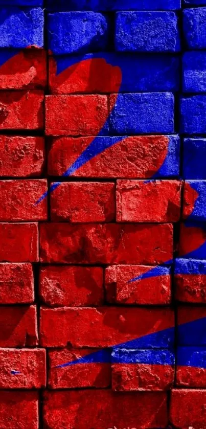 Vibrant red and blue painted brick wall design.