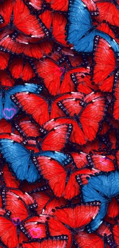 Red and blue butterflies in vibrant display for mobile wallpaper.