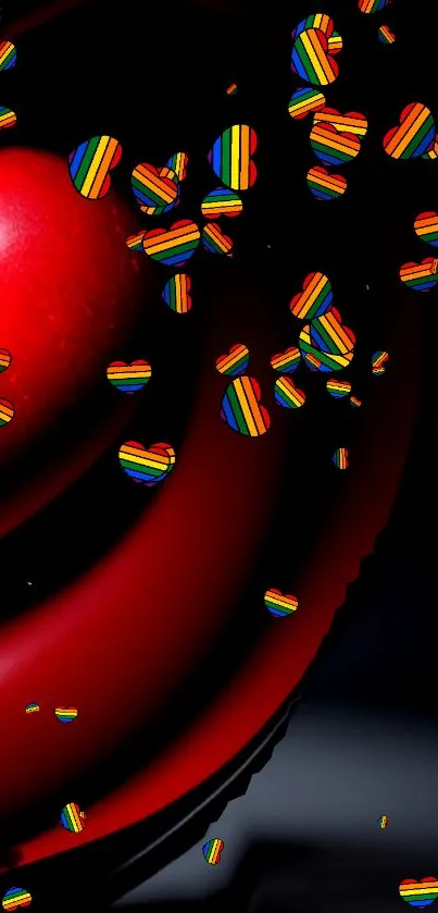 Mobile wallpaper with red and rainbow heart design.