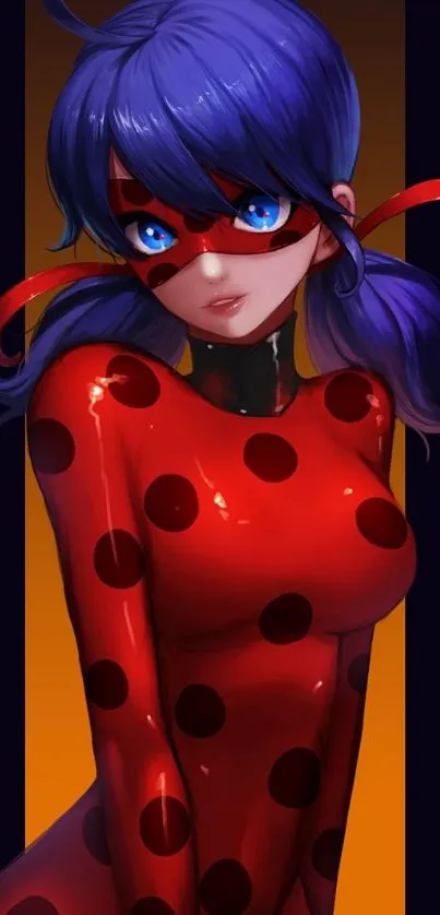 Anime hero in red with blue hair and polka dots.