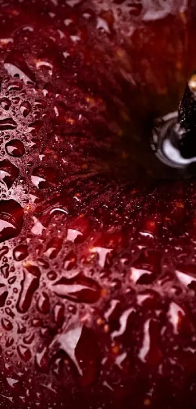Glossy red apple with water droplets on a dark background.