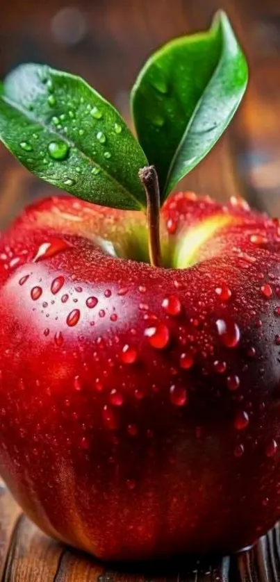 Vibrant image of a fresh red apple with dewdrops on a wooden background.