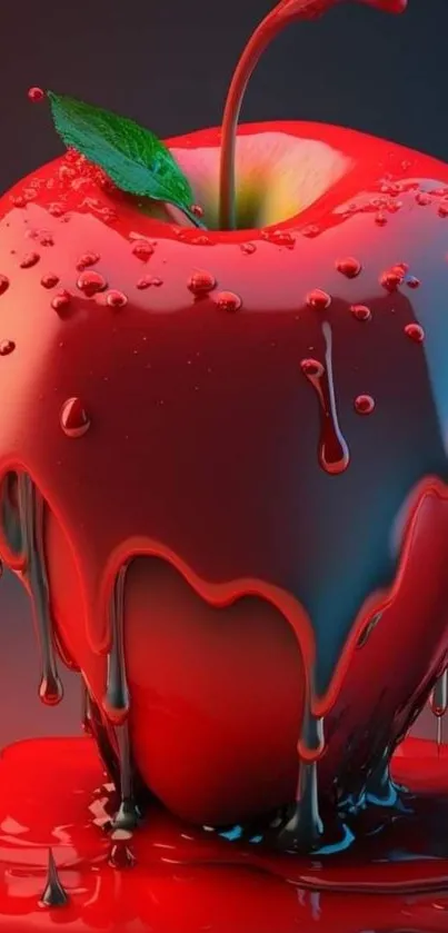 Vibrant red apple with dripping paint effect.