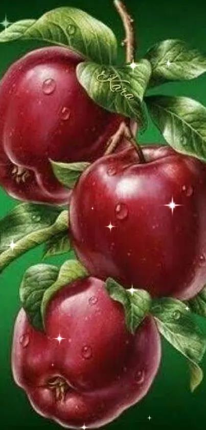 Red apples with green leaves on vibrant wallpaper.