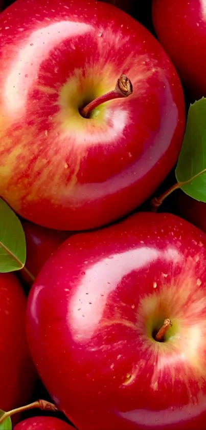 Close-up image of vibrant red apples with green leaves.