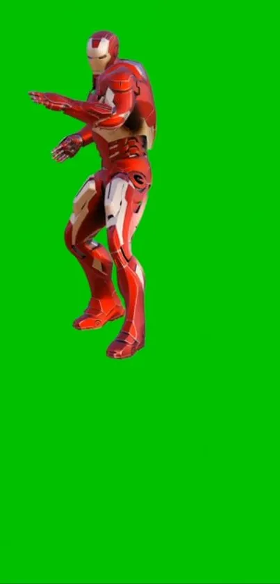 Red armored superhero on green background.