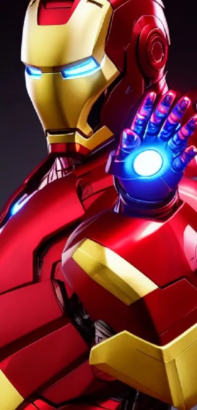 Red and gold armored character with glowing blue eyes and hand.