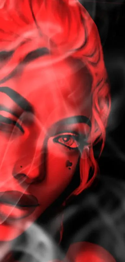 Artistic red portrait with smoke effects on a mobile wallpaper.