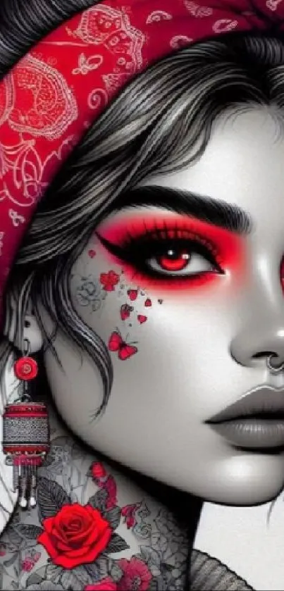 Vibrant red artistic portrait wallpaper of a woman with tattoos and striking makeup.