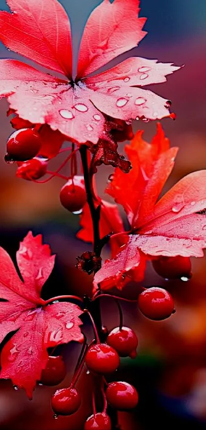 Vibrant red autumn leaves with berries in focus.