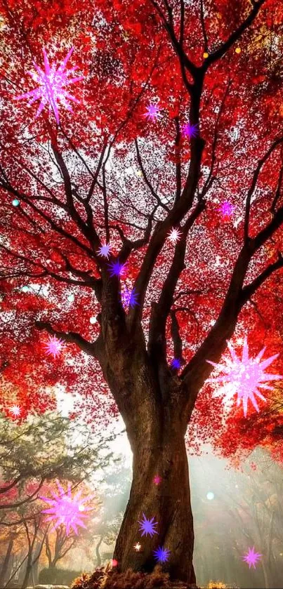 Vibrant red tree with autumn leaves in a serene forest scene.