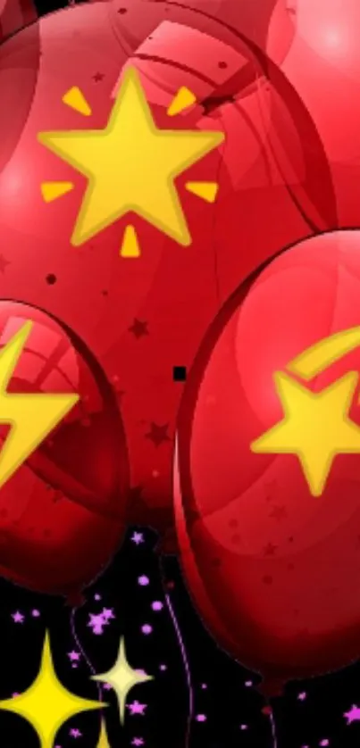 Red balloons with yellow stars and lightning on a playful background.