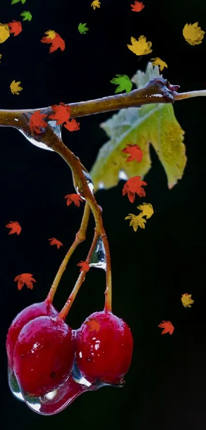 Red berries with leaves in nature wallpaper.