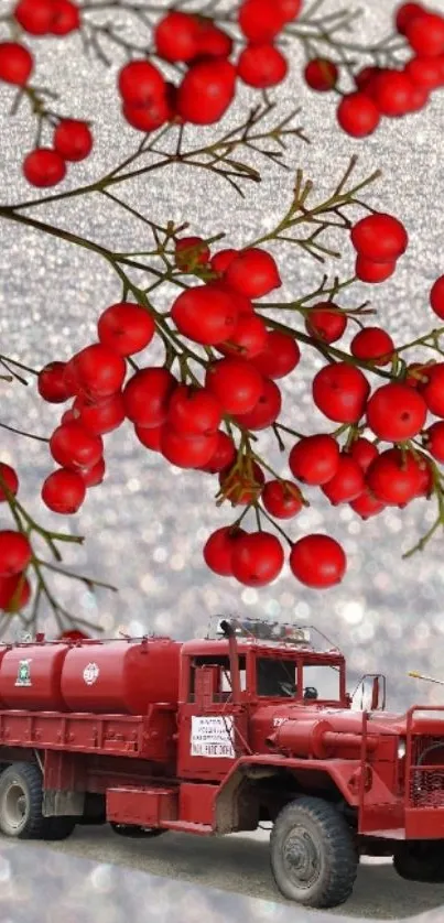 Mobile wallpaper with red berries and truck on a sparkling background.