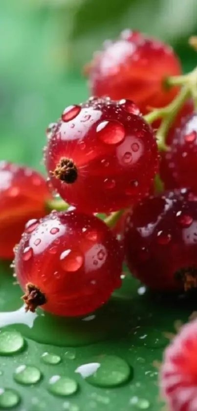 Close-up of vibrant red berries with water droplets on a green background.