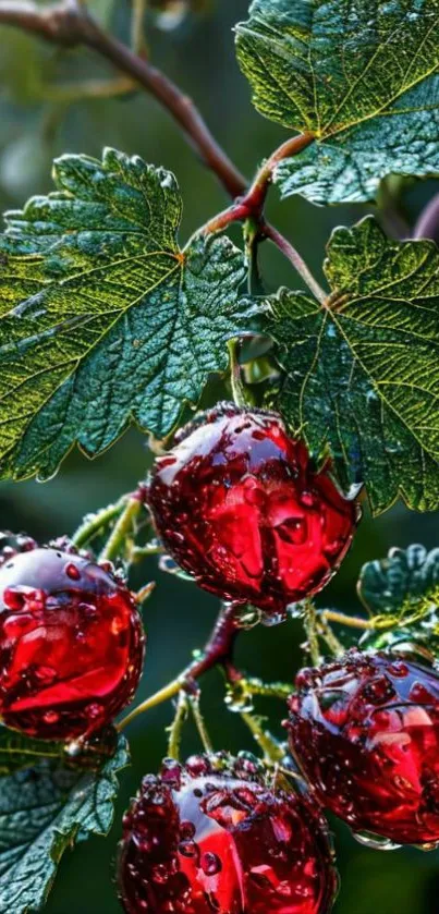 Red berries with dewdrops and green leaves close-up.