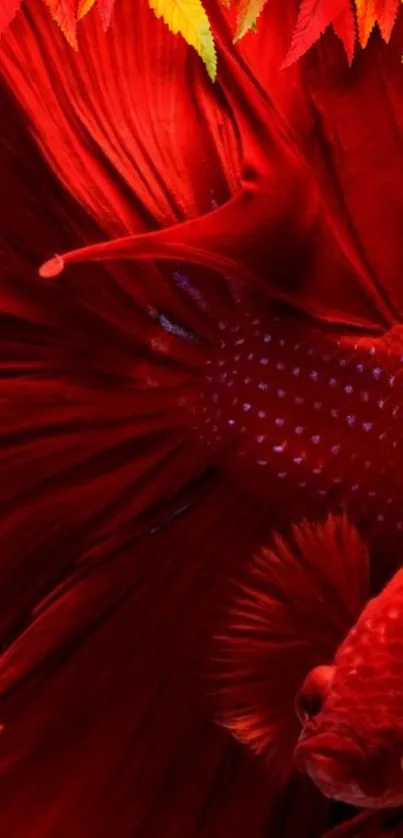 Vibrant red Betta fish with flowing fins and colorful leaves.