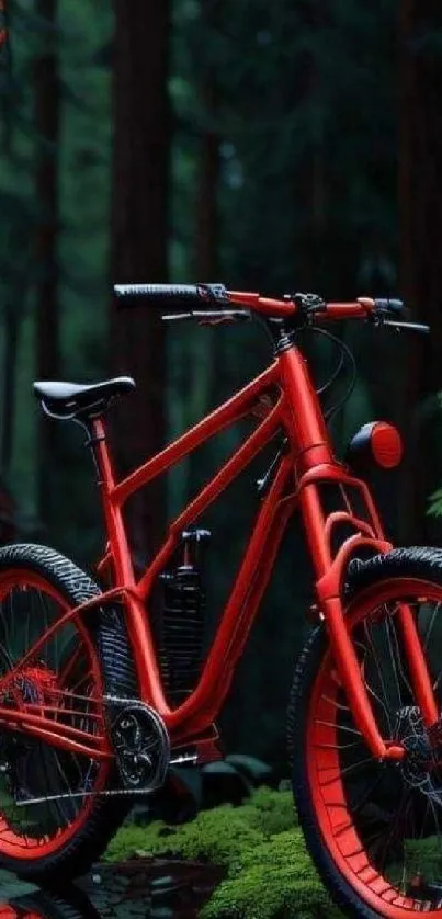 Red bicycle stands in lush forest setting with vibrant colors.