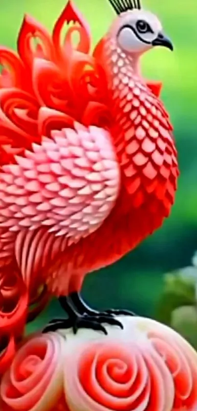 Vibrant red bird with intricate feathers on a mobile wallpaper.