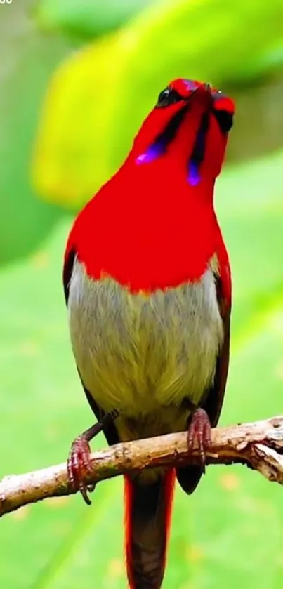 Red bird perched on a branch with a green background.