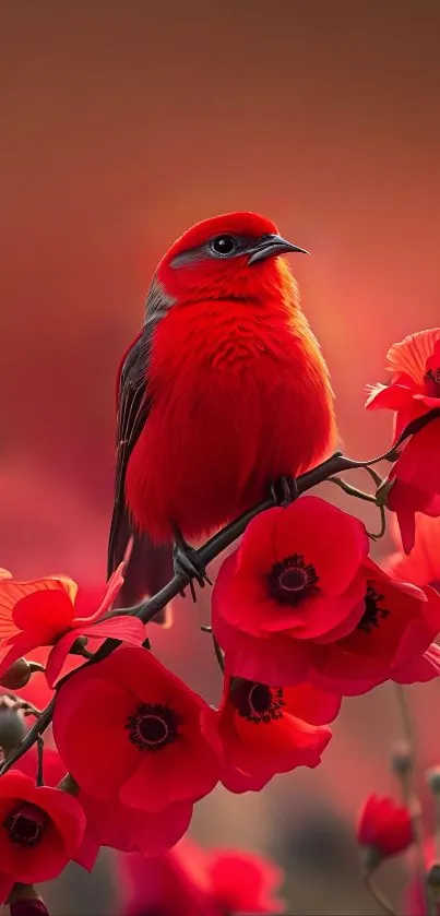 Red bird on branch with vibrant red flowers, dramatic background.