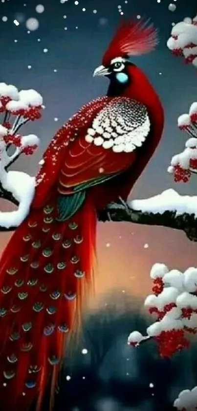 A vibrant red bird perched on a snowy branch, perfect for mobile wallpapers.