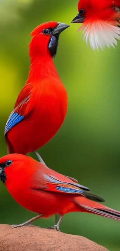 Vibrant red birds on a branch with a green blurred background.