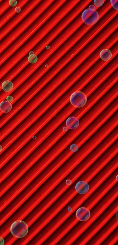 Red wallpaper with bubbles on diagonal lines.