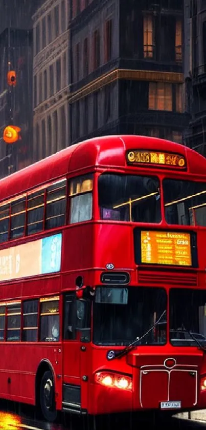 Red double-decker bus on rainy city street at night.