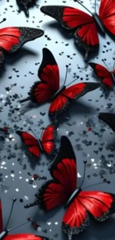 Mobile wallpaper with red butterflies on a gray background.