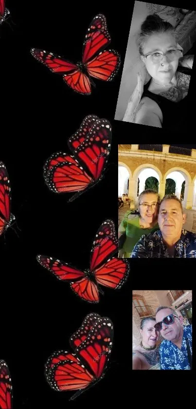 Red butterflies with photo collage on a dark background wallpaper.