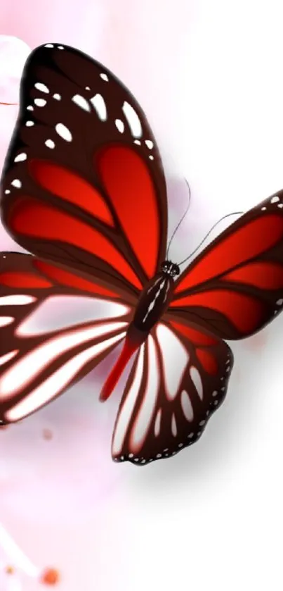 Red butterfly with elegant wings on a soft pink floral background.