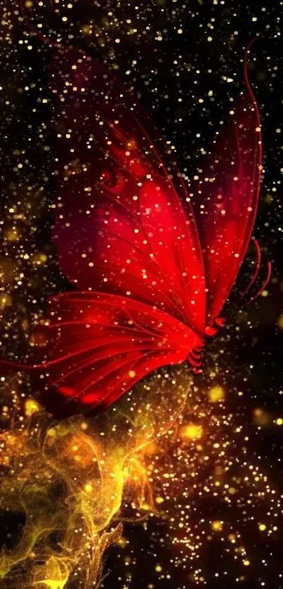 Red butterfly with glowing gold sparkles on a dark background.