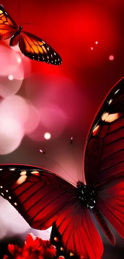 Vibrant red butterfly mobile wallpaper with bokeh lighting effect.