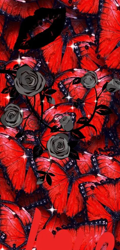 Red butterflies and black roses wallpaper design.