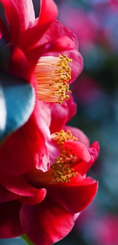 Close-up of vibrant red camellia flowers with soft focus background.