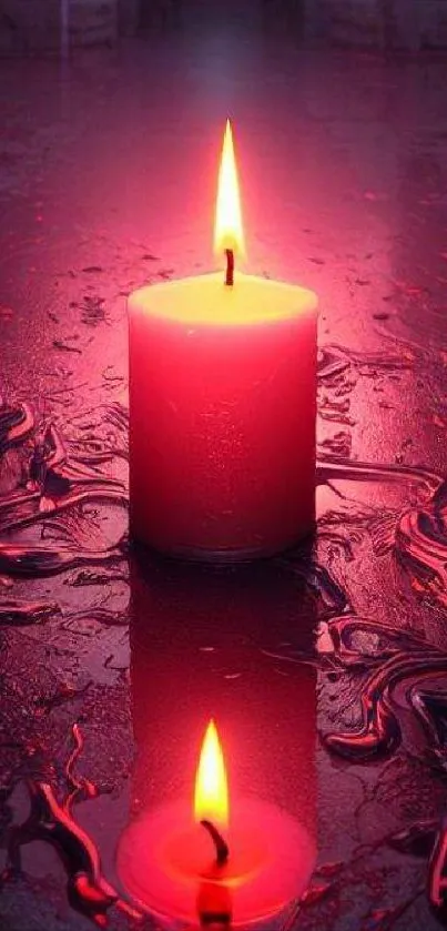 Vibrant red candle with reflective glow on dark surface.