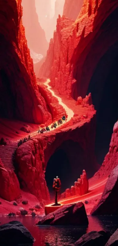 Adventure through a vibrant red canyon landscape.