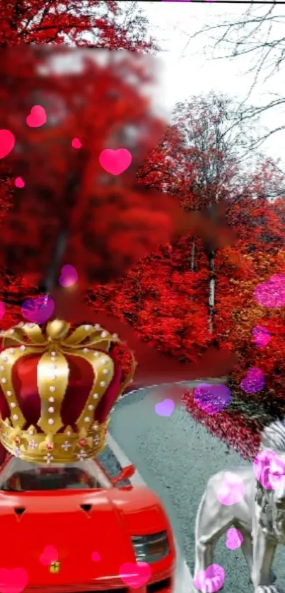 Red car with crown on a vibrant autumn road, adorned with hearts.