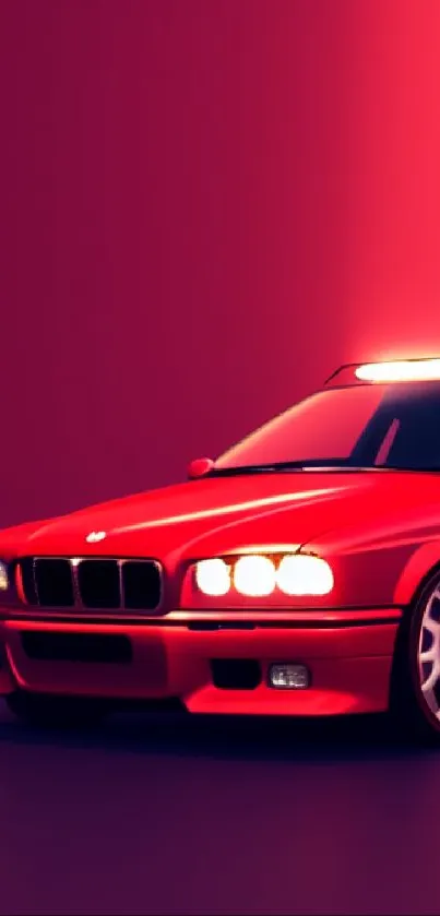 Vibrant red classic car in softly lit backdrop.