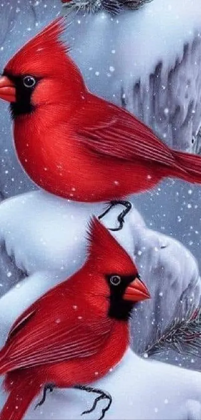 Two red cardinals on snowy branches, creating a winter scene.